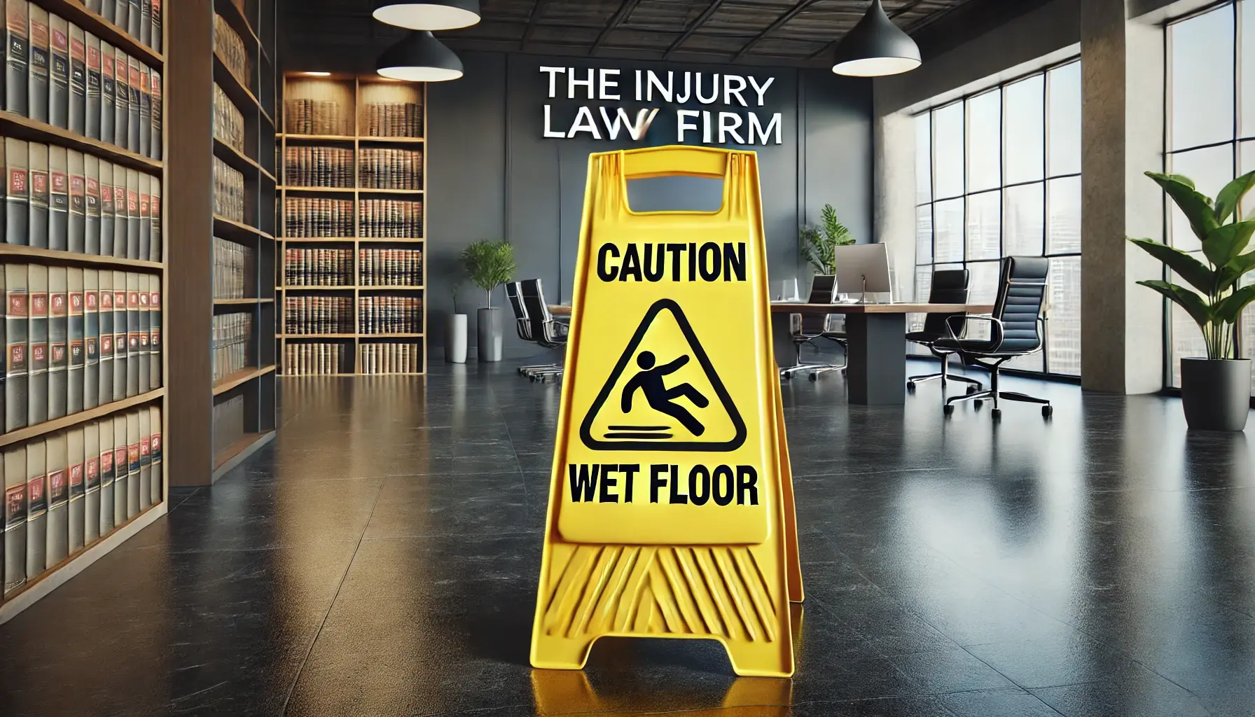 Yellow wet floor caution sign standing on a polished commercial floor
